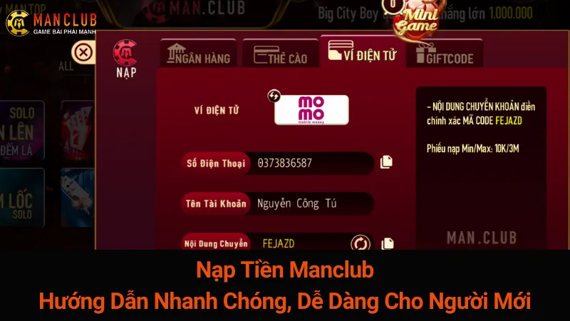 Nạp Tiền Manclub: Hướng Dẫn Nhanh Chóng, Dễ Dàng Cho Người Mới 1 Nạp Tiền Manclub: Hướng Dẫn Nhanh Chóng, Dễ Dàng Cho Người Mới